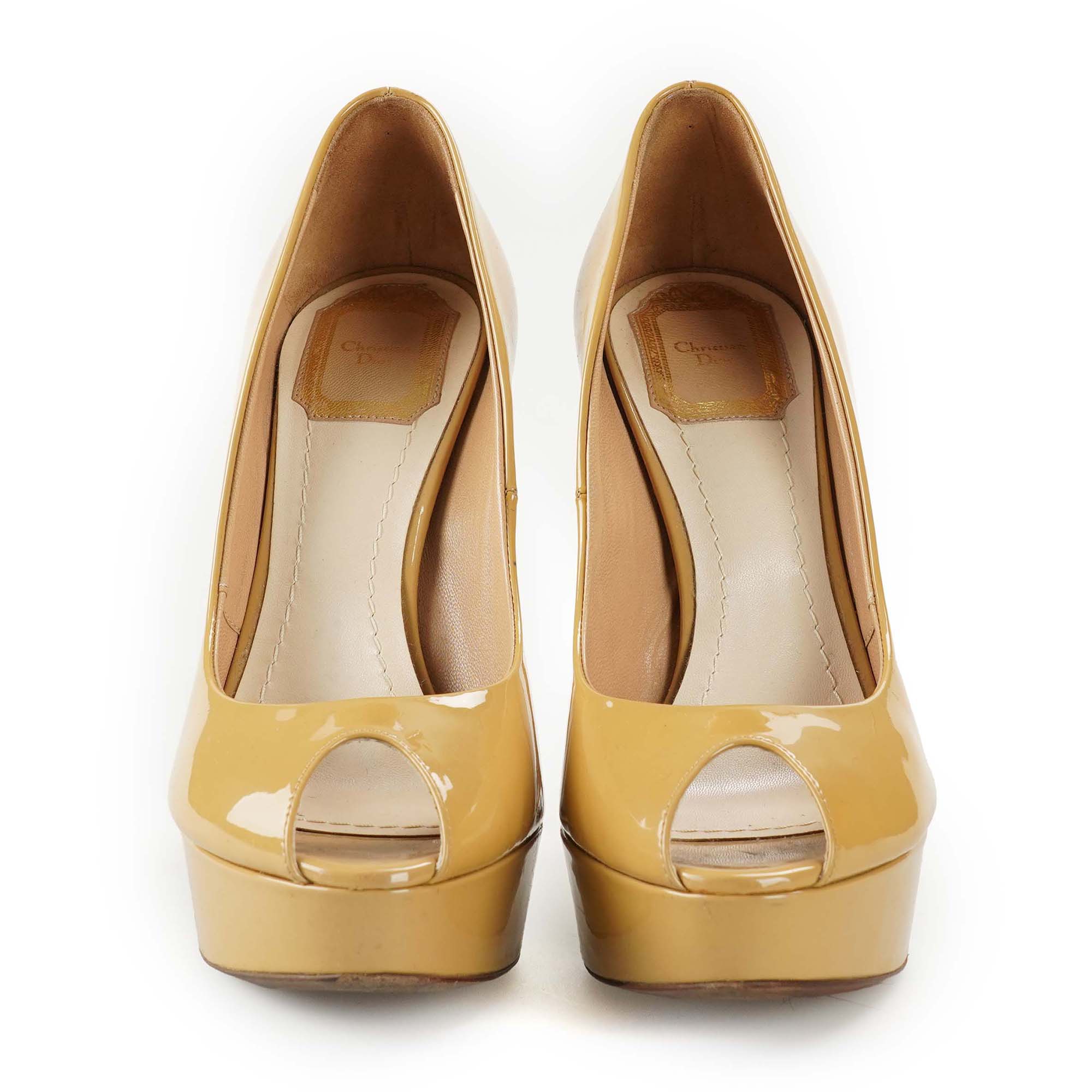 Christian Dior - Beige Patent Leather Miss Dior Peep Toe Platform Pumps 